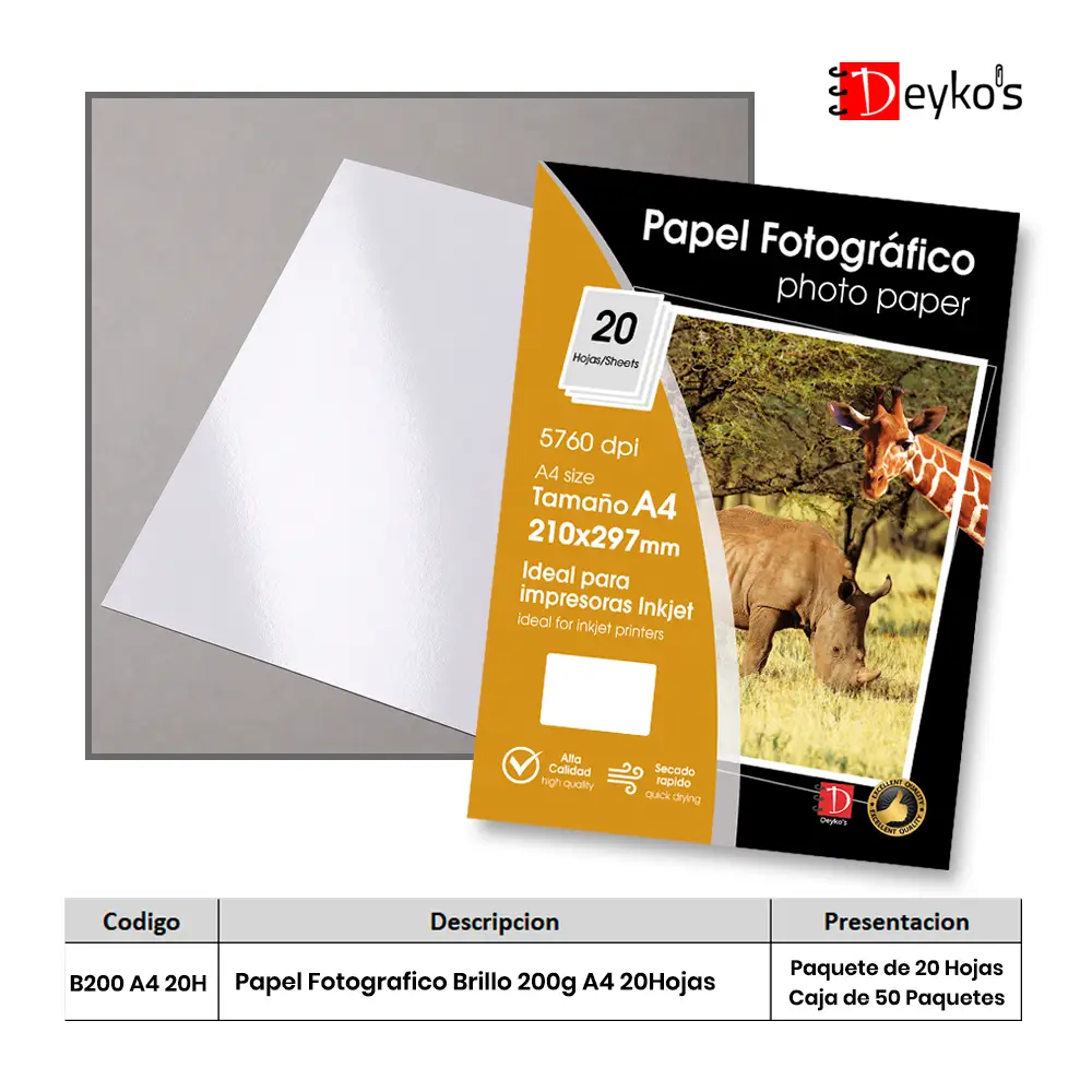 Papel Fotográfico Brilloso (Glossy), 200g/m2, Tamaño A4 20 Hojas 1 Papel Fotográfico Brilloso (Glossy), 200g/m2, Tamaño A4 20 Hojas