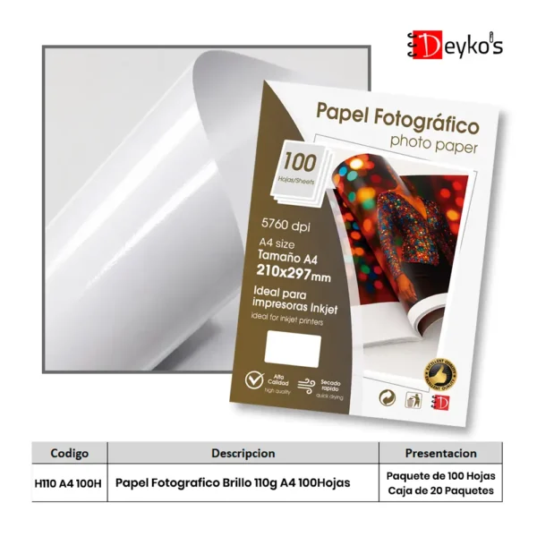 Papel Fotográfico Brilloso (Glossy), 110g/m2, Tamaño A4 100 Hojas