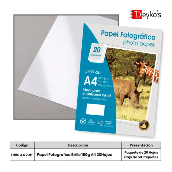 Papel Fotográfico Brilloso (Glossy), 180g/m2, Tamaño A4 20 Hojas