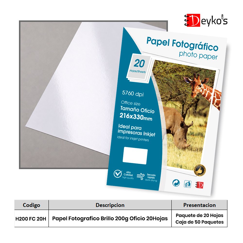 Papel Fotográfico Brilloso (Glossy), 200g/m2, Tamaño Oficio 20 Hojas 1 Papel Fotográfico Brilloso (Glossy), 200g/m2, Tamaño Oficio 20 Hojas