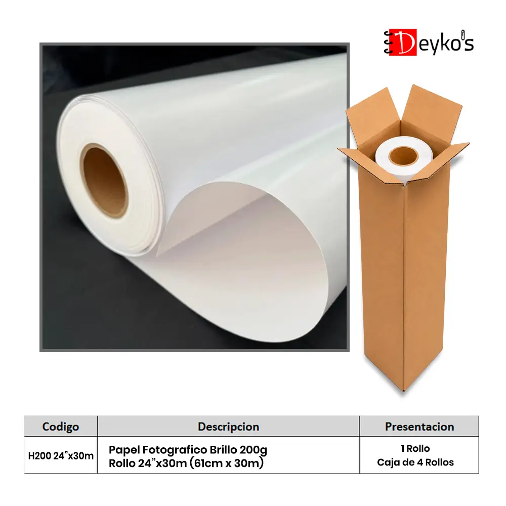 Papel Fotográfico Brilloso (Glossy), 200g/m2, Rollo de 24"x30m (61cm x 30mt) 1 Papel Fotográfico Brilloso (Glossy), 200g/m2, Rollo de 24"x30m (61cm x 30mt)