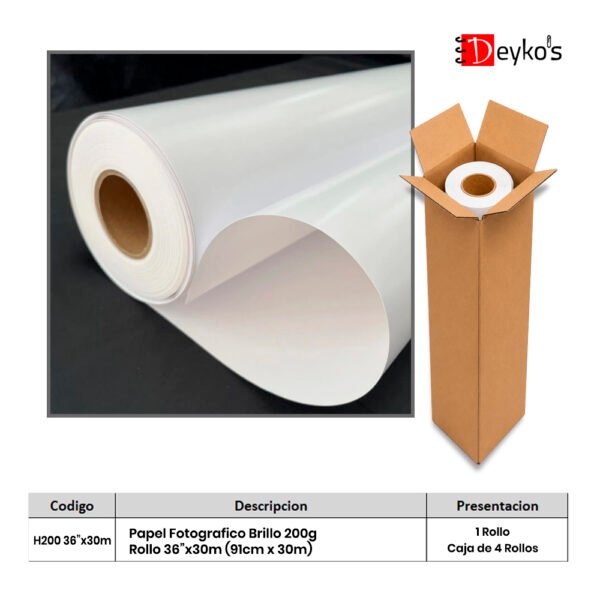 Papel Fotográfico Brilloso (Glossy), 200g/m2, Rollo de 36"x30m (91cm x 30mt)