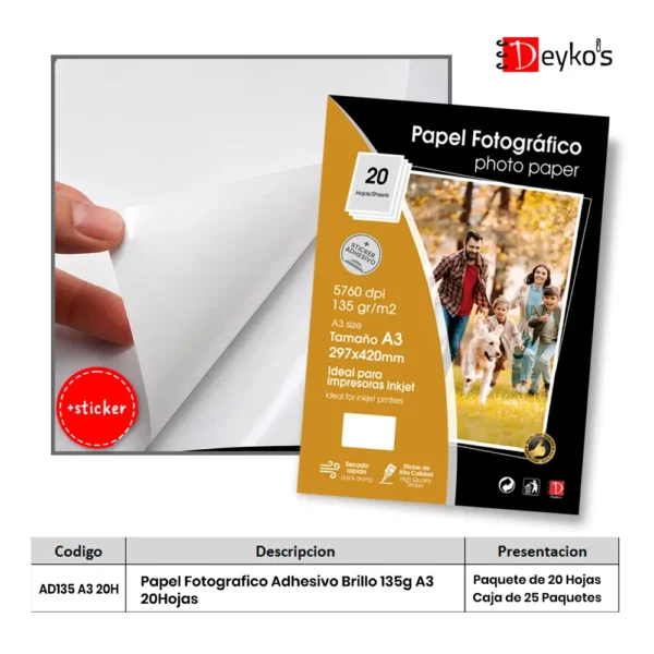 Papel Fotográfico Adhesivo Brilloso (Glossy), 135g/m2, Tamaño A3 20 Hojas