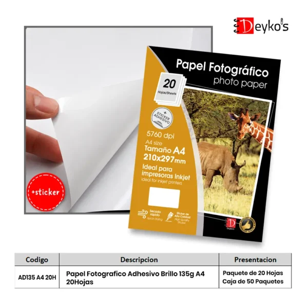 Papel Fotográfico Adhesivo Brilloso (Glossy), 135g/m2, Tamaño A4 20 Hojas