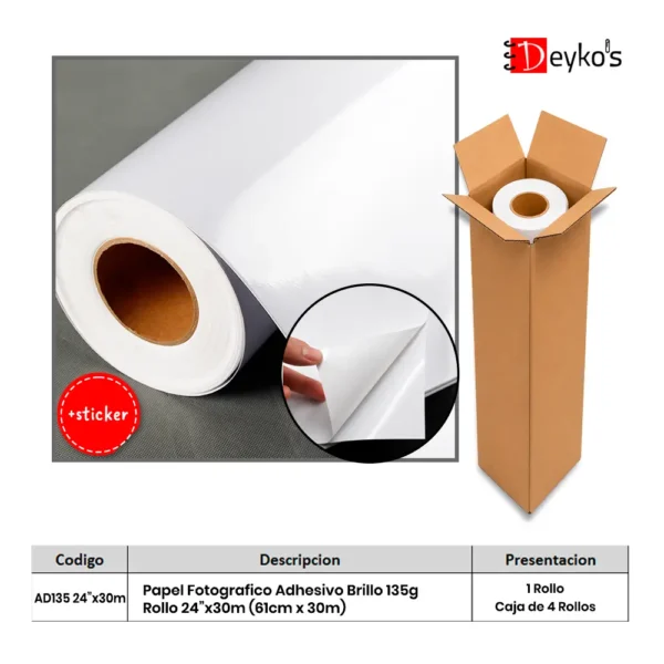 Papel Fotográfico Adhesivo Brilloso (Glossy), 135g/m2, Rollo de 24"x30m (61cm x 30mt)