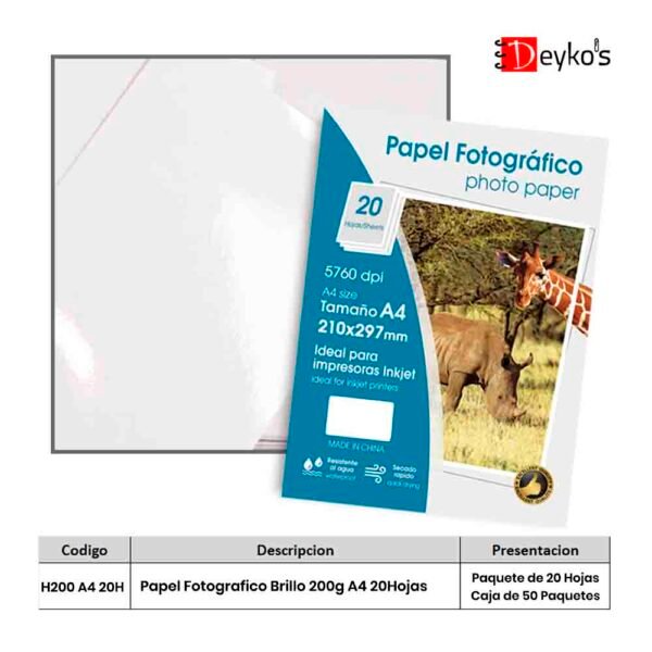 Papel Fotográfico Brilloso (Glossy), 200g/m2, Tamaño A4 20 Hojas