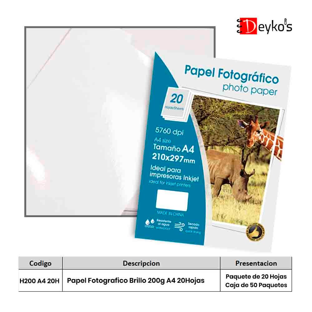 Papel Fotográfico Brilloso (Glossy), 200g/m2, Tamaño A4 20 Hojas 1 Papel Fotográfico Brilloso (Glossy), 200g/m2, Tamaño A4 20 Hojas