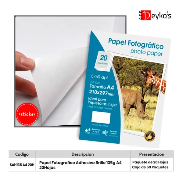 Papel Fotográfico Adhesivo Brilloso (Glossy), 135g/m2, Tamaño A4 20 Hojas