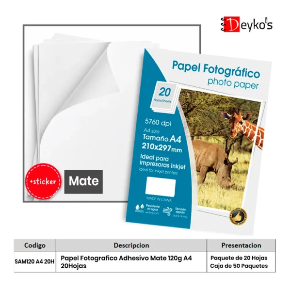 Papel Fotográfico Adhesivo Mate (Matte), 120g/m2, Tamaño A4 20 Hojas