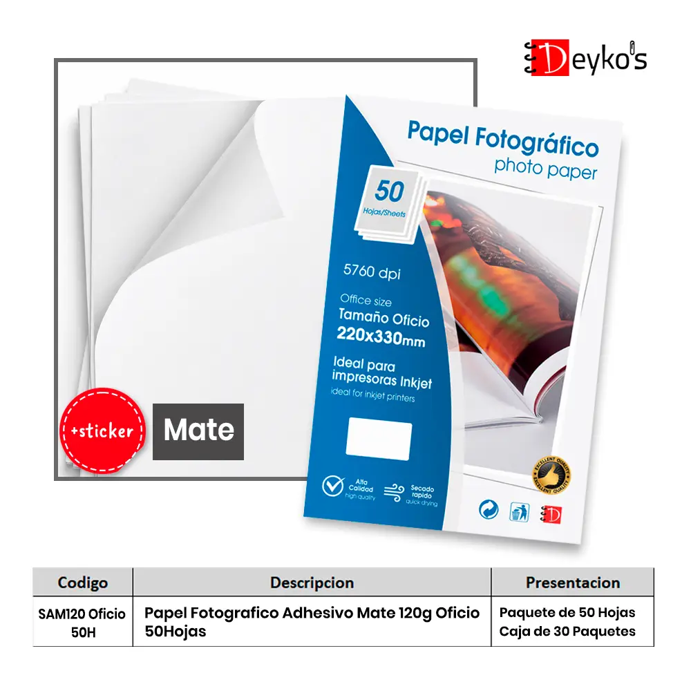 Papel Fotográfico Adhesivo Mate (Matte), 120g/m2, Tamaño Oficio 50 Hojas 1 Papel Fotográfico Adhesivo Mate (Matte), 120g/m2, Tamaño Oficio 50 Hojas