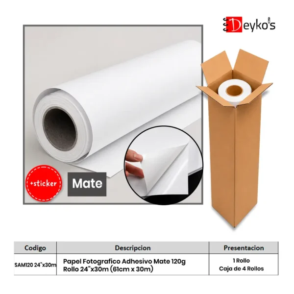 Papel Fotográfico Adhesivo Mate (Matte), 120g/m2, Rollo de 24"x30m (61cm x 30mt)
